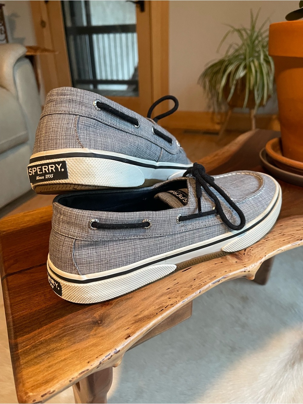 Sperry Gray Canvas Lace-Up Boat Shoes with Black Laces